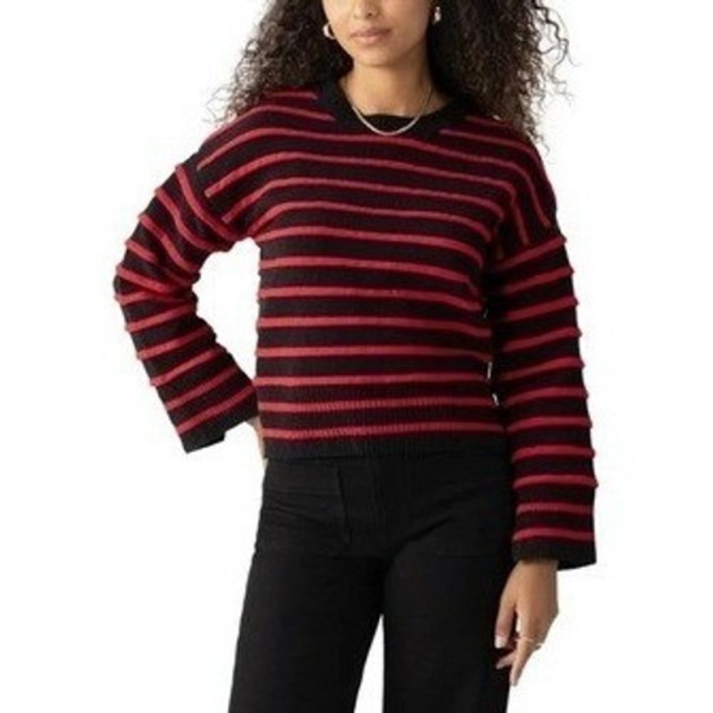 Sanctuary Long Sleeve‎ Knit Crewneck Sweater XL Textured Ribbed Black Red Stripe